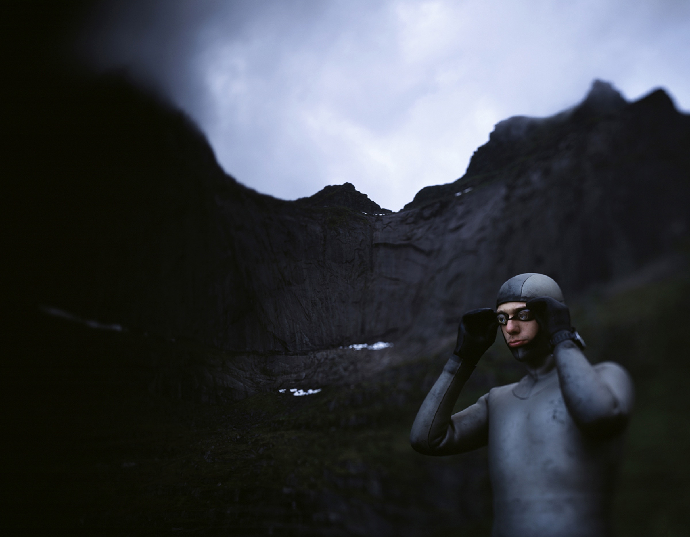 Freediver seen through a fogged car window — alone with the coming descent