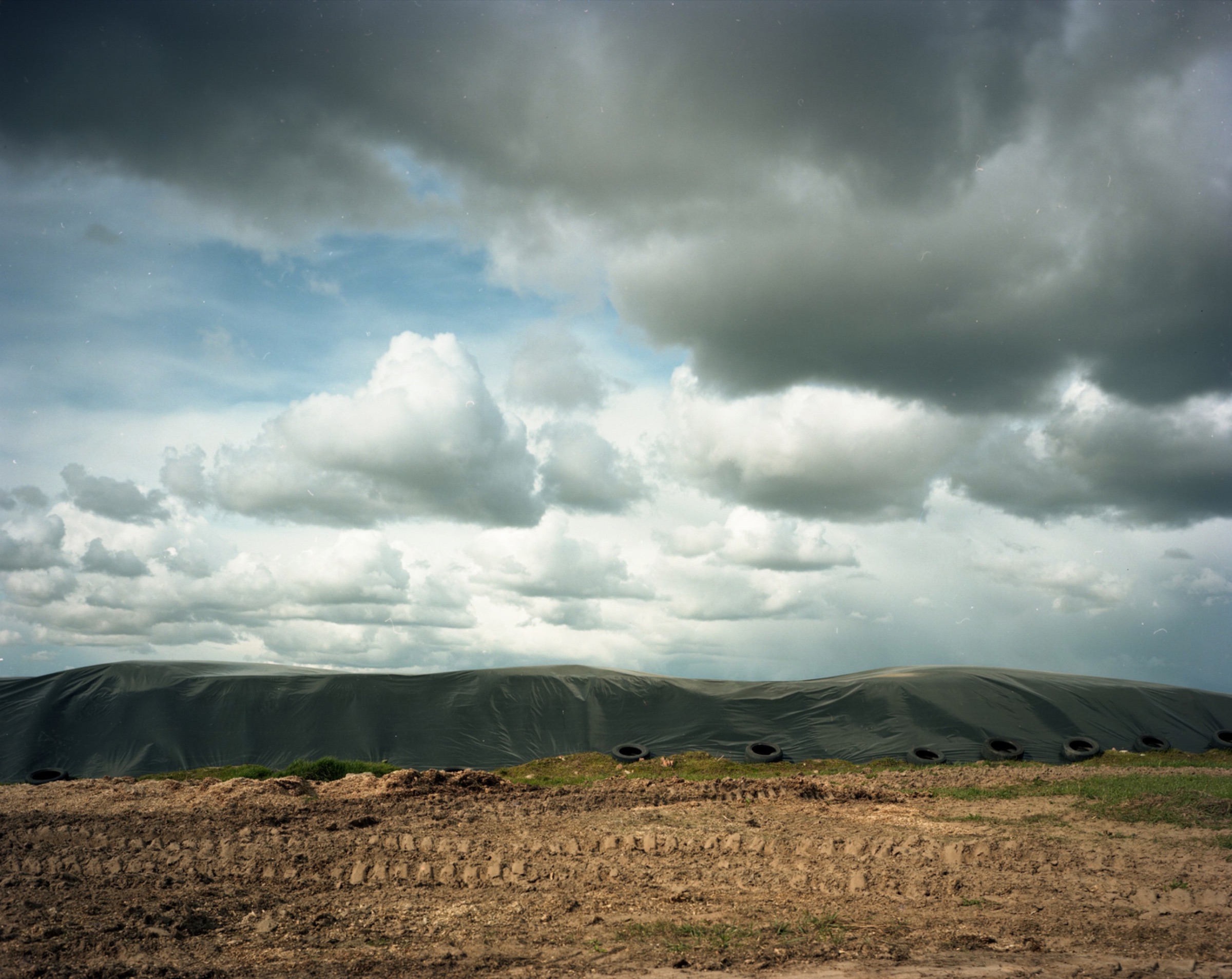 Silage mound in black plastic under a dramatic storm sky, tyre tracks in mud — Podlasie