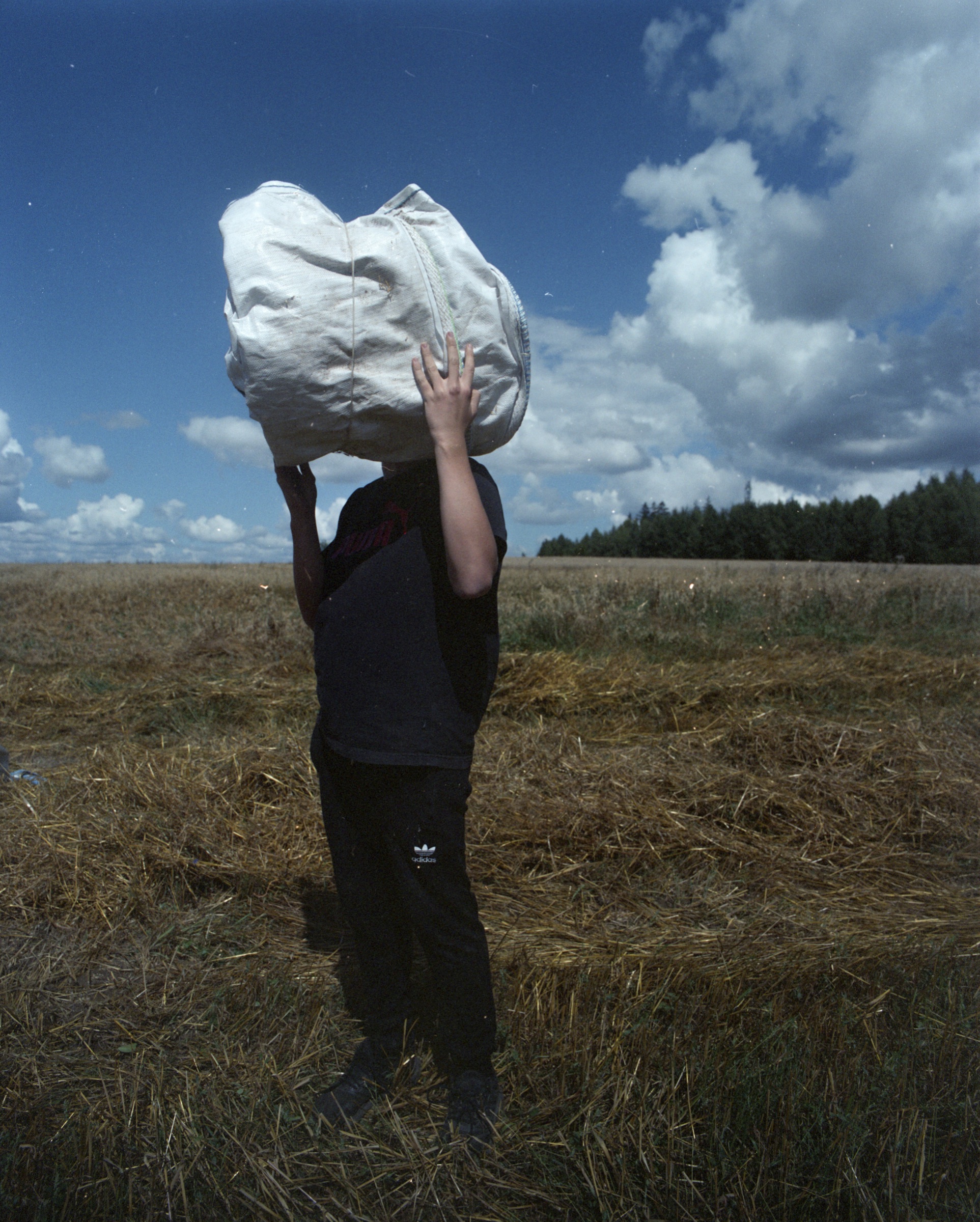Young man carrying a heavy sack above his head in a harvested field, face obscured — Podlasie